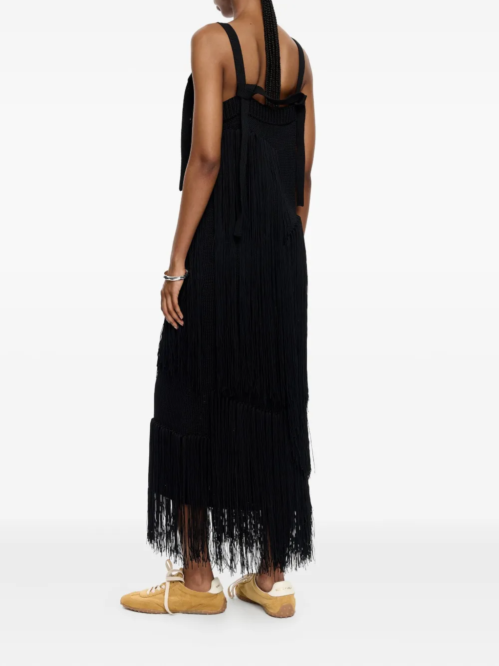 Bimba Y Lola Knit Fringed Midi Day Dress In Black