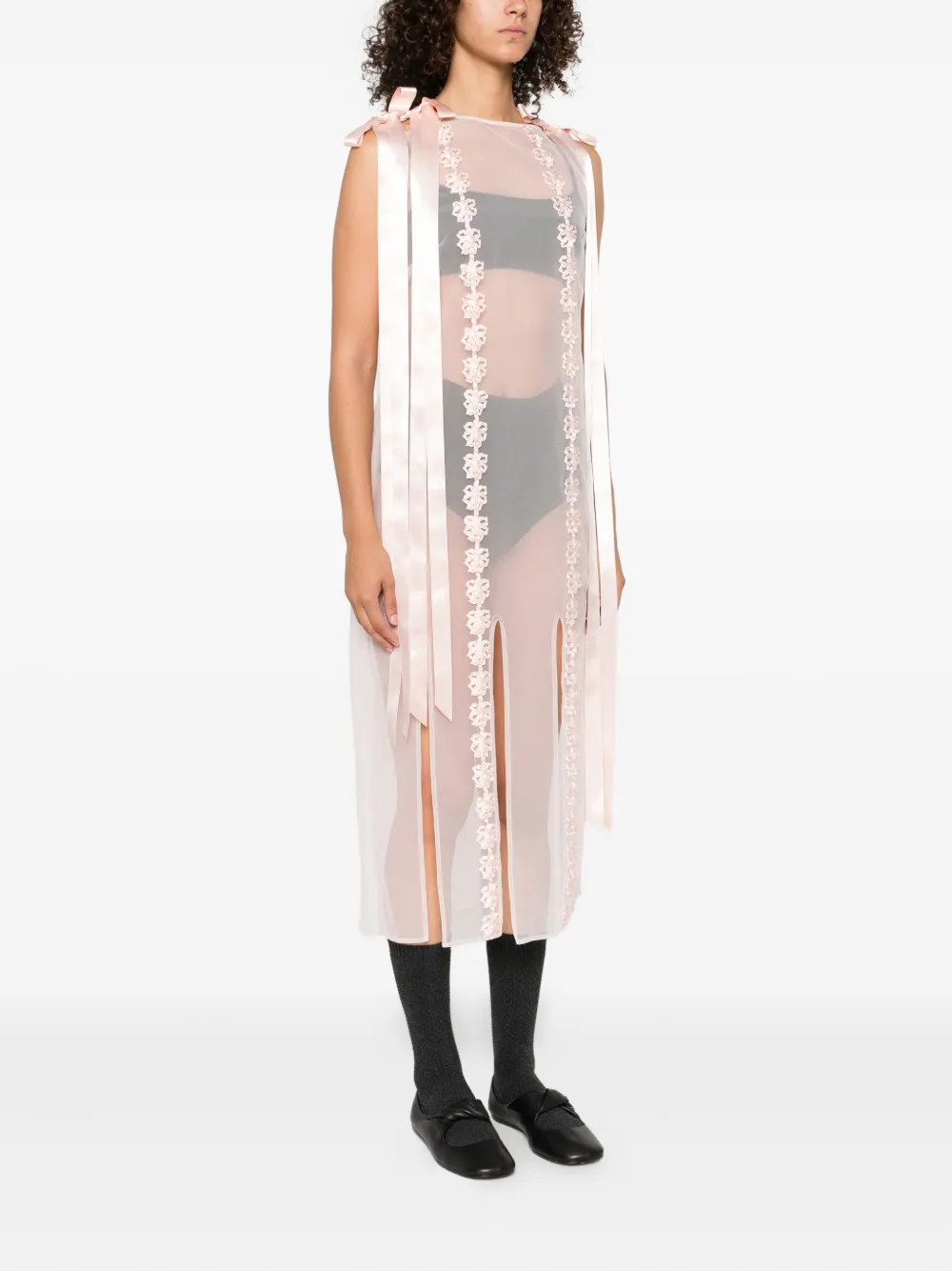 Simone Rocha ribbon-trimmed sleeveless midi dress Roze