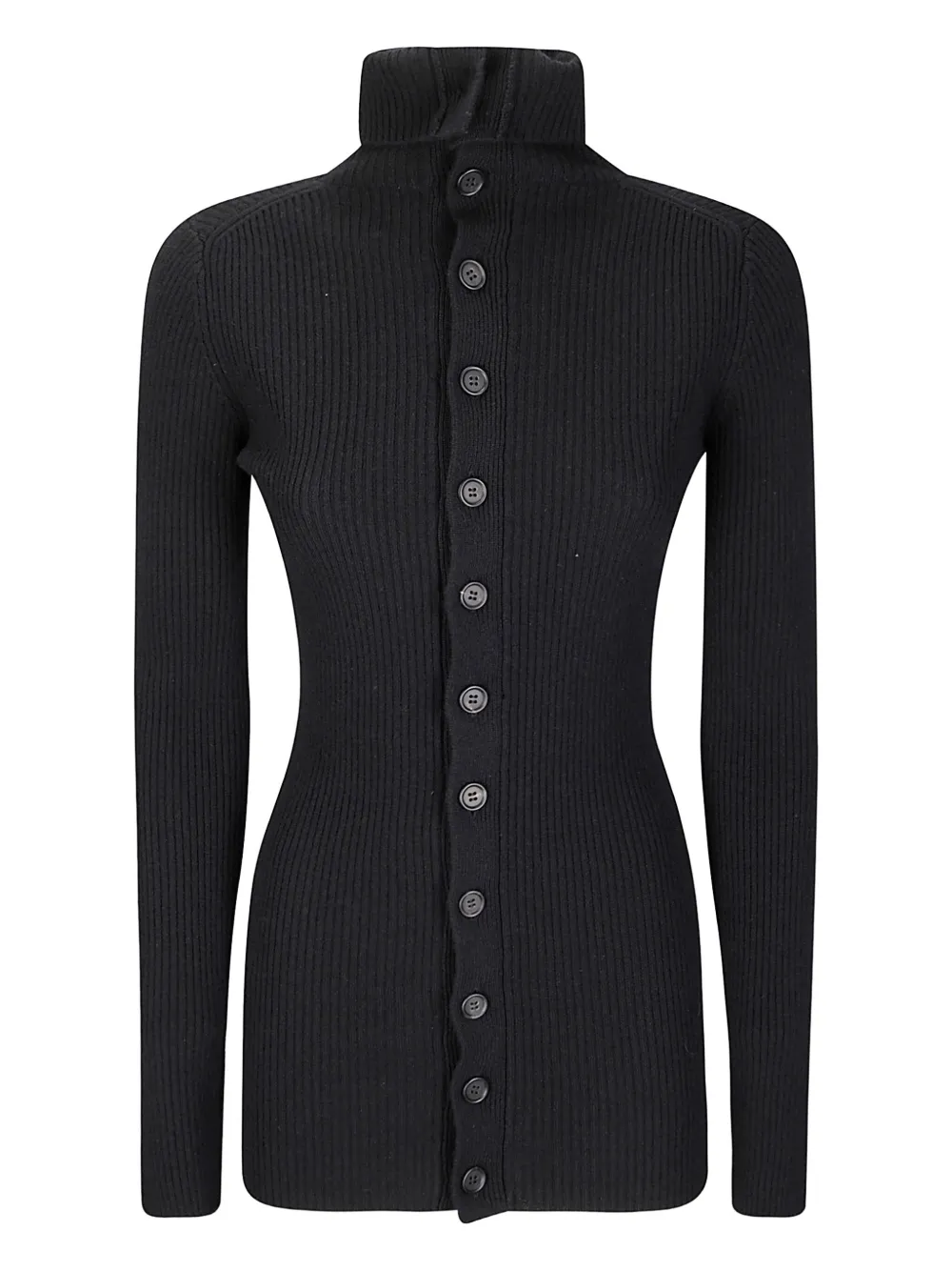high-neck ribbed buttoned cardigan