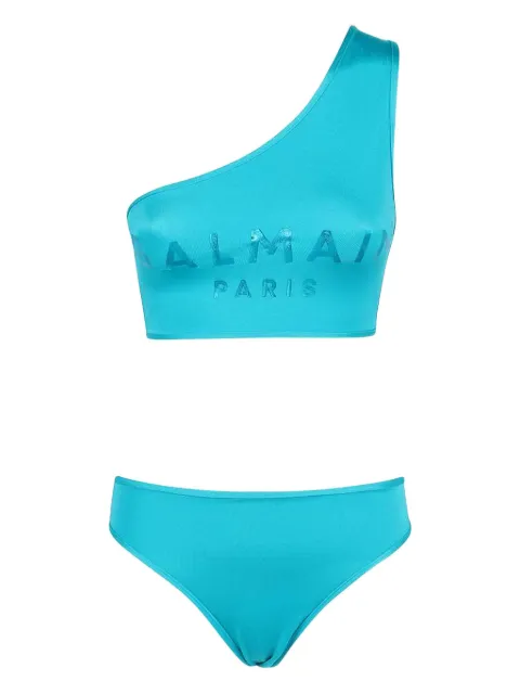 Balmain logo-print one-shoulder bikini