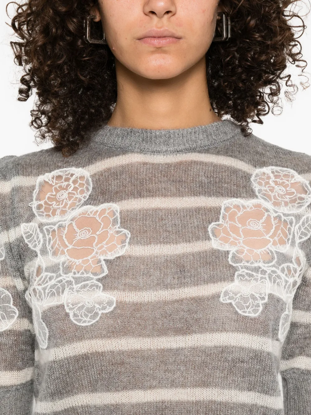 TWINSET Gestreepte trui met geborduurde bloemen Grijs