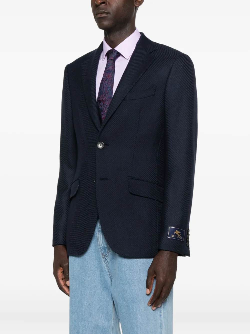 Etro Notched Patterned Blazer In Blue