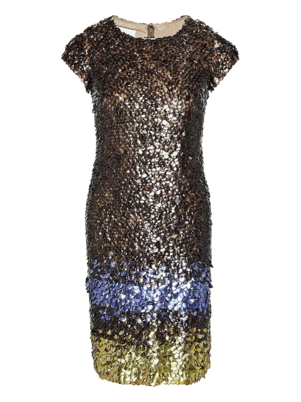 Oscar de la Renta Embellished Short-sleeved Dress in Brown