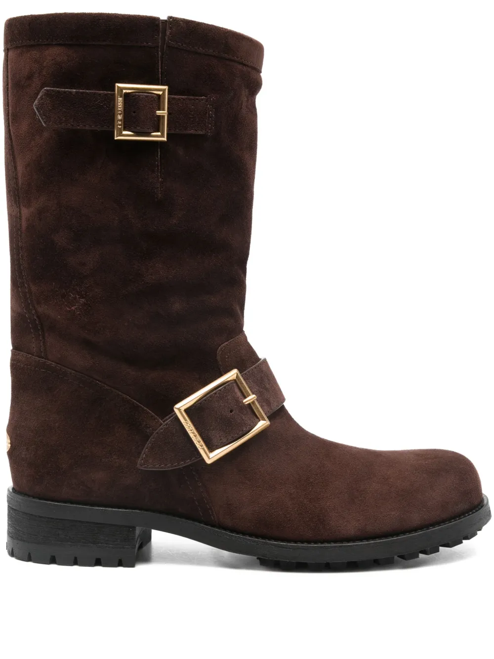 Jimmy Choo Buckle Biker Suede Boots In Brown
