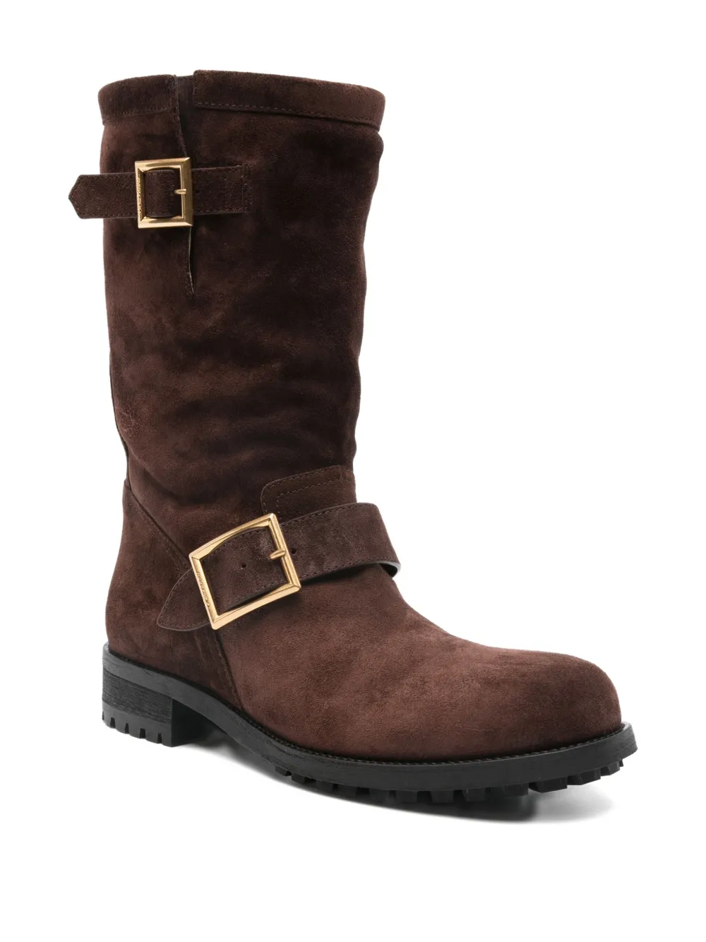 Jimmy Choo Buckle Biker Suede Boots In Brown