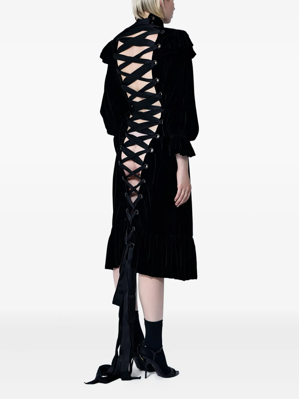 Balenciaga Ruffled Lace-up Midi Dress In Black