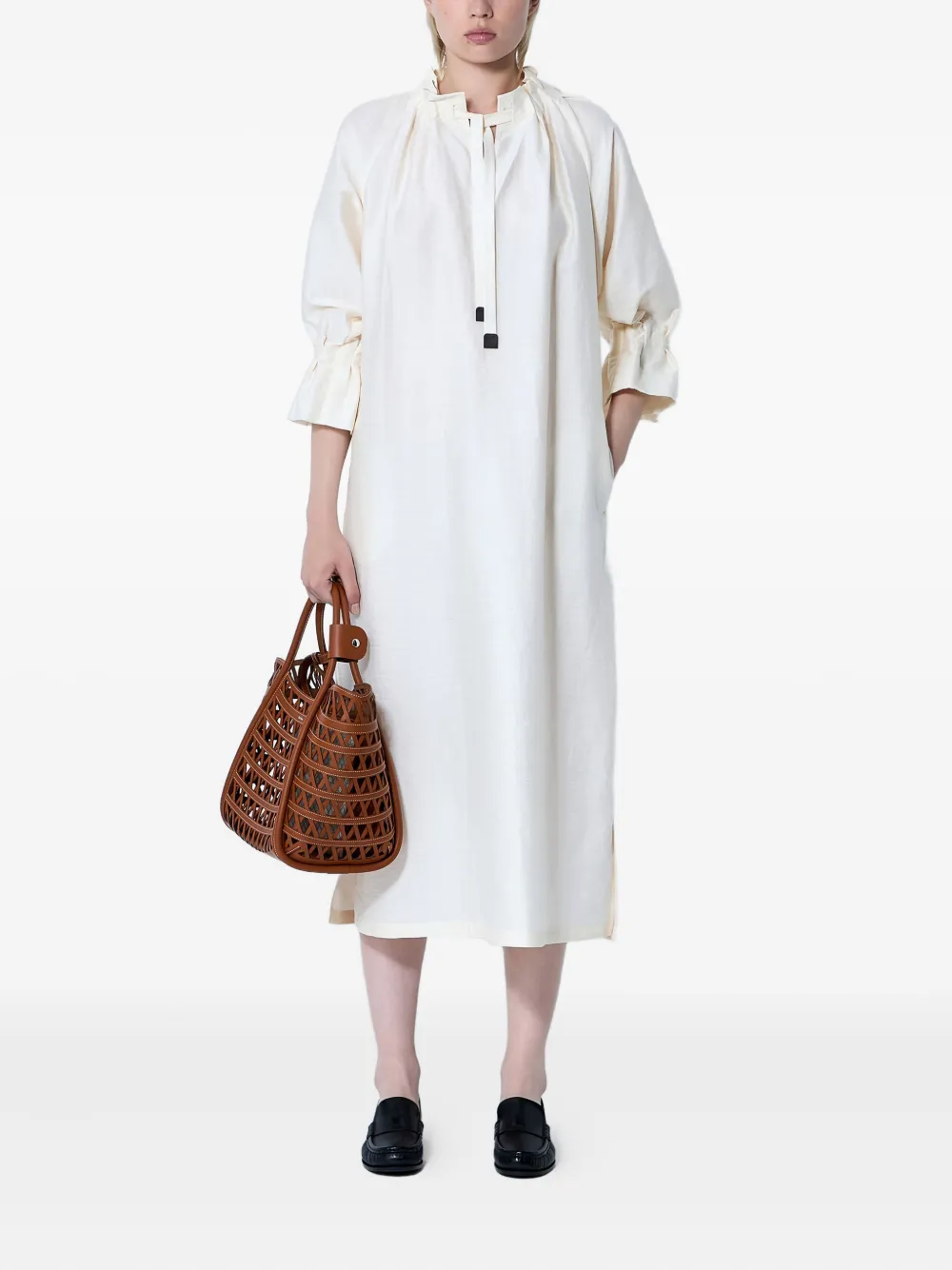 Max Mara Jene Ruffled-sleeve Midi Dress In Brown