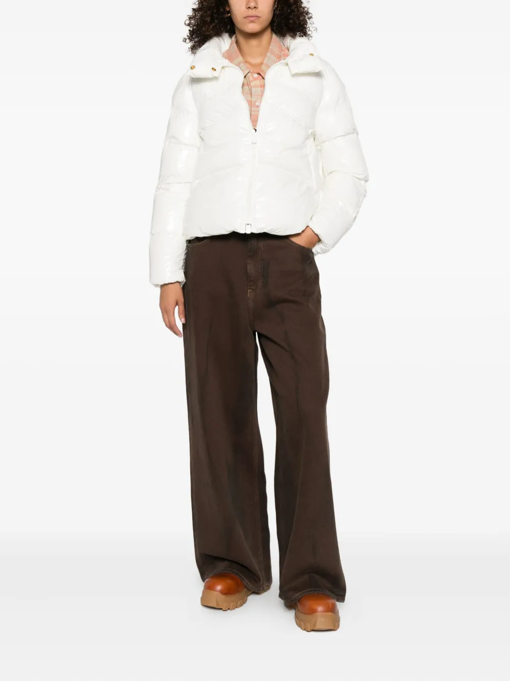 Pinko Puffy White Down Coat With Glossy Finish And High Collar In White