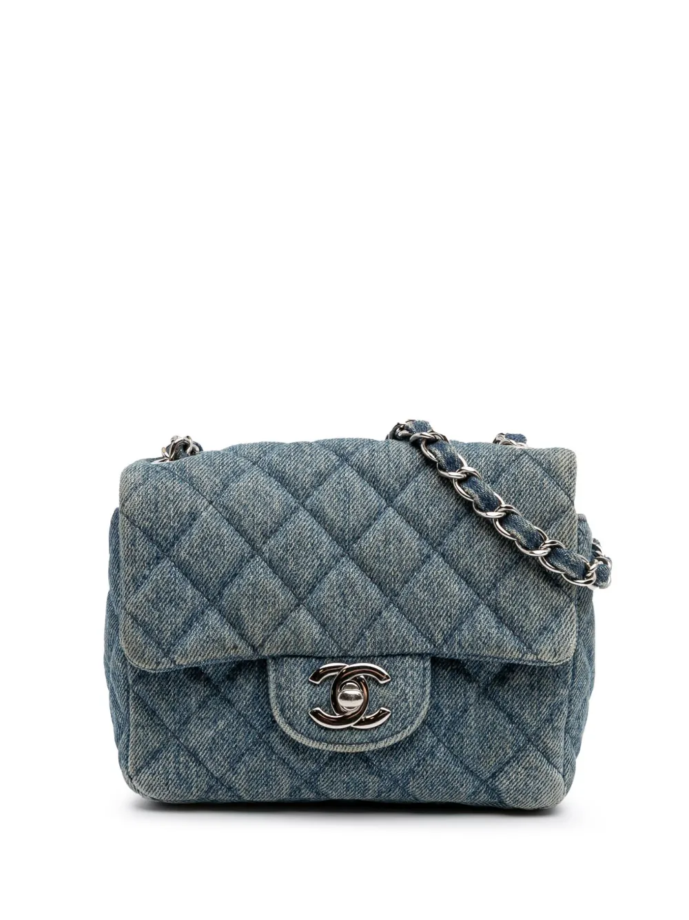 Pre-owned Chanel 2020 Mini Square Cc Quilted Denim Single Flap Crossbody Bag In Blue