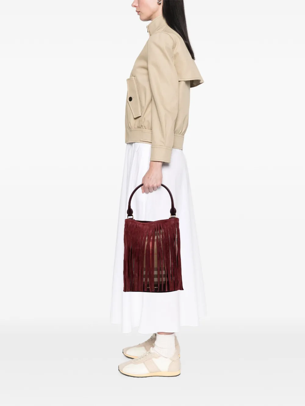 Pre-owned Burberry 2000-2017 House Check Canvas And Suede Fringe Bucket Bag In Red