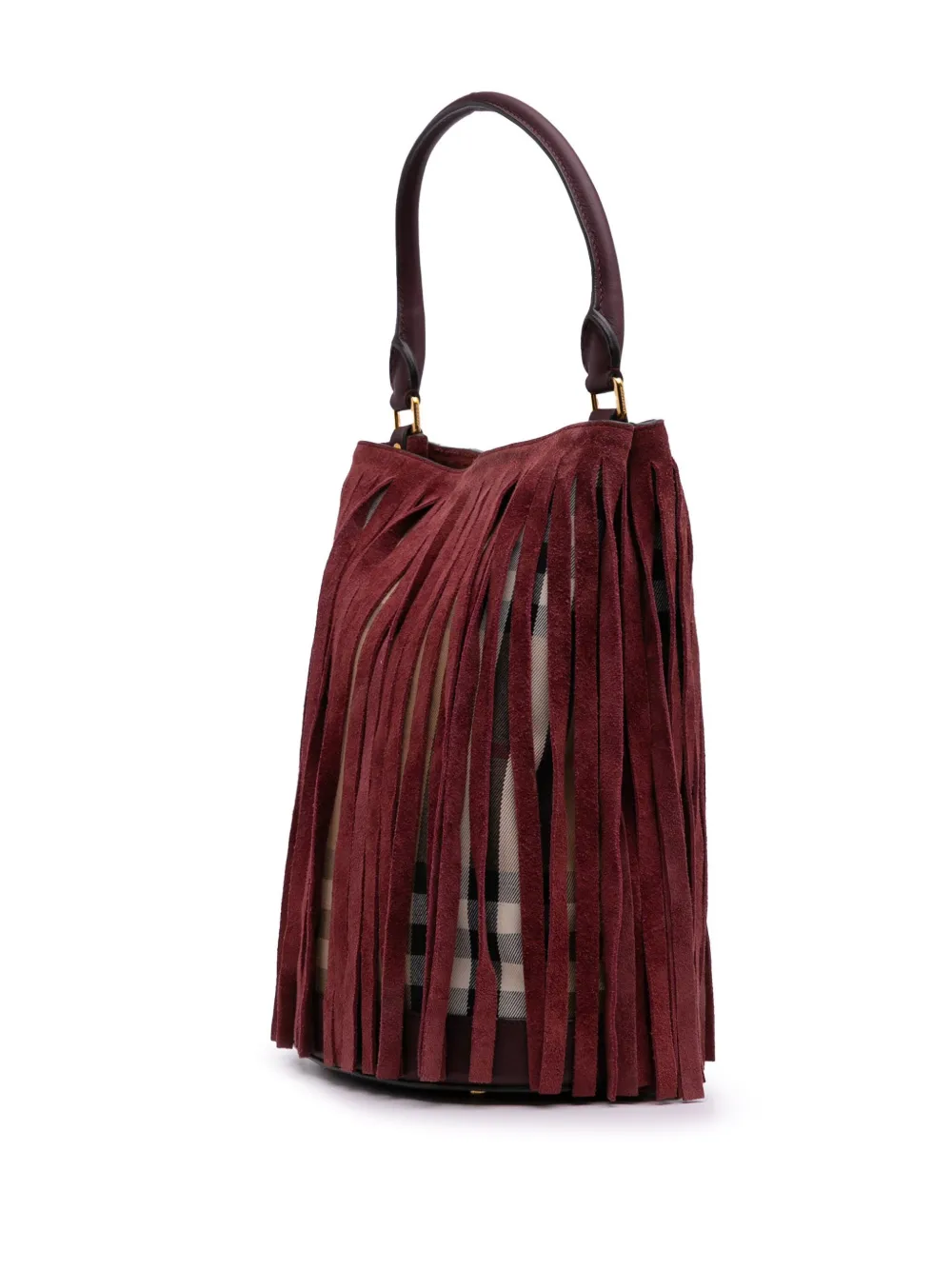 Pre-owned Burberry 2000-2017 House Check Canvas And Suede Fringe Bucket Bag In Red