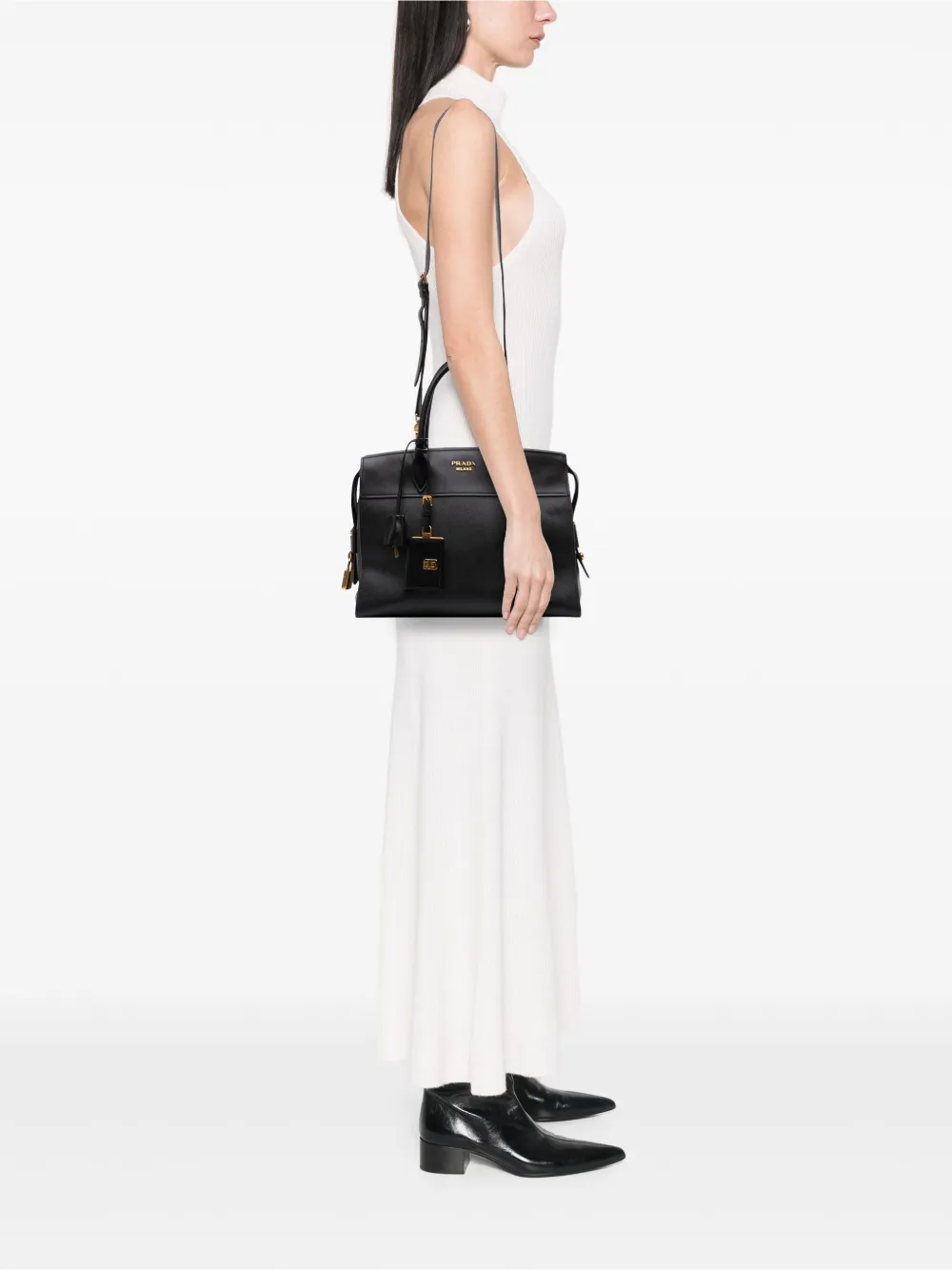 Pre-owned Prada 2000-2025 Saffiano And City Calf Esplanade Satchel In Black