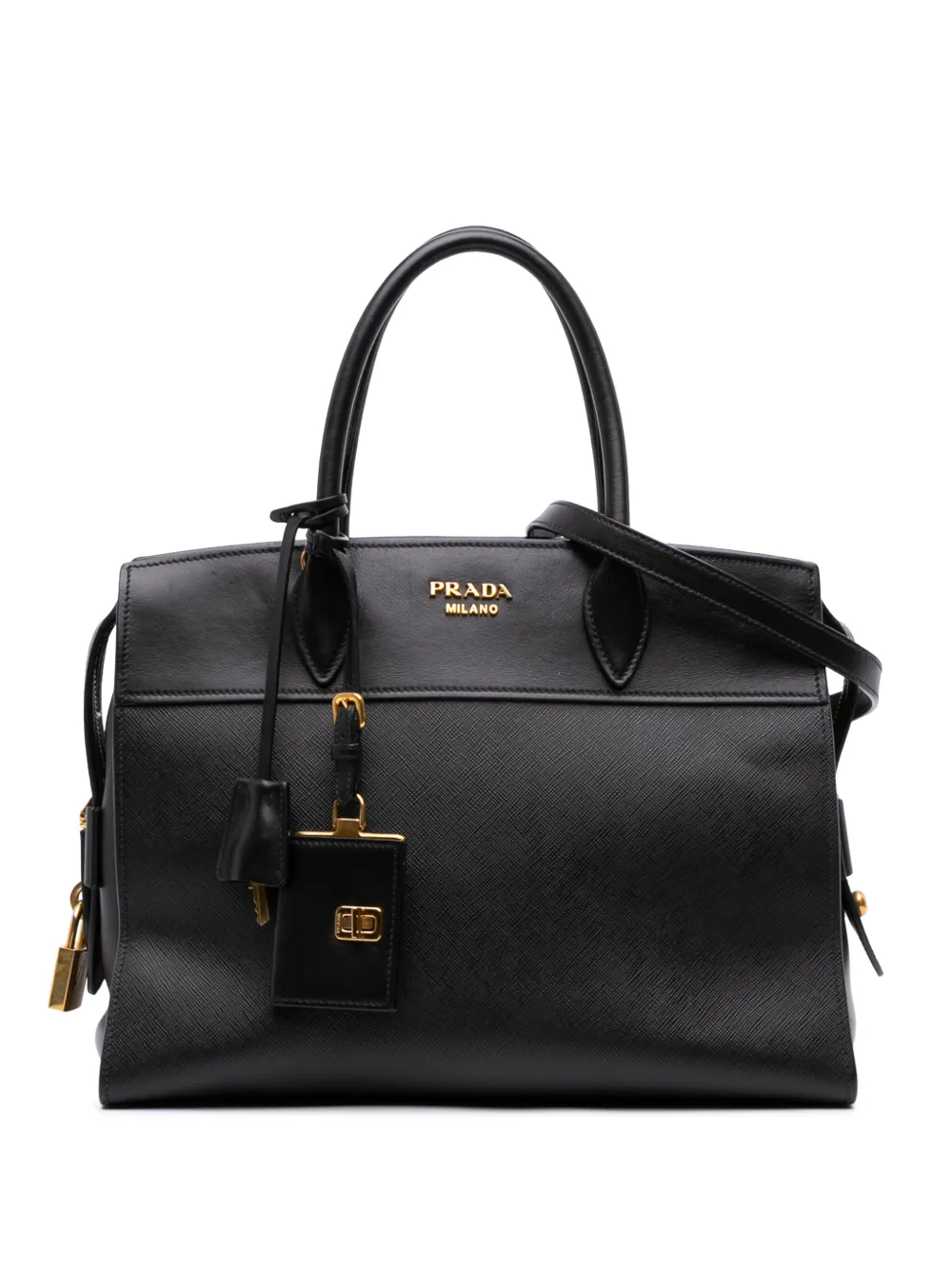 Pre-owned Prada 2000-2025 Saffiano And City Calf Esplanade Satchel In Black