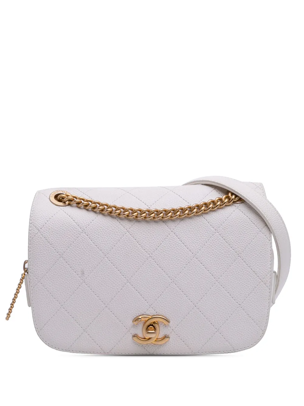 CHANEL Pre-Owned 2019 ココマーク マトラッセ キャビア ターンロック フルフラップ ショルダーバッグ - ホワイト CHANEL Pre-Owned 2019 ココマーク マトラッセ キャビア ターンロック フルフラップ ショルダーバッグ - ホワイト
