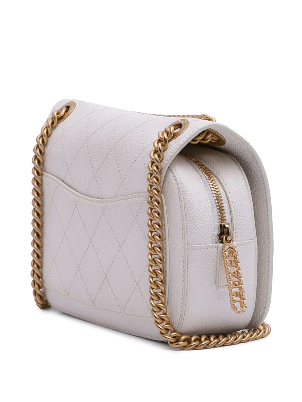 Pre-owned Chanel 2019 Cc Quilted Caviar Turnlock Full Flap Crossbody Bag In White