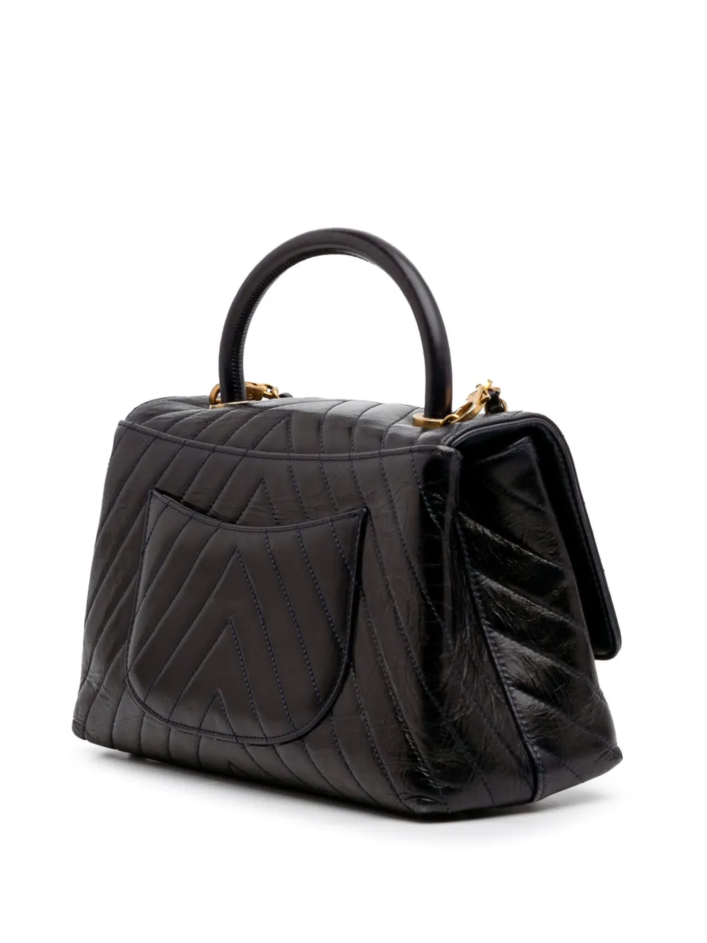 Pre-owned Chanel 2017-2018 Medium Chevron Aged Calfskin Coco Top Handle Bag Satchel In Black