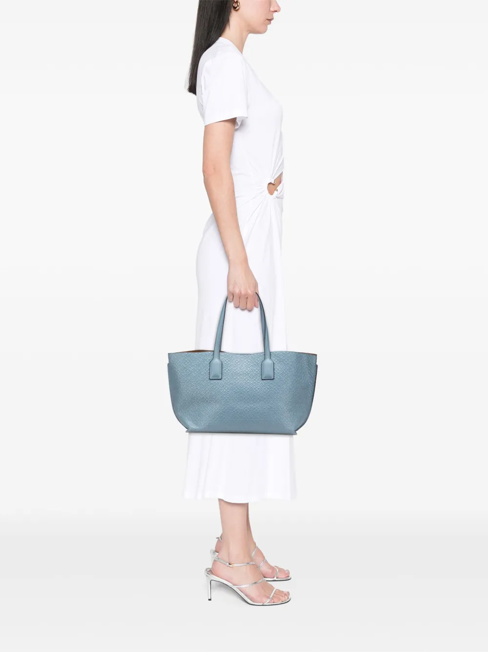Pre-owned Loewe 2017 Embossed Anagram Leather T Shopper Tote Bag In Blue