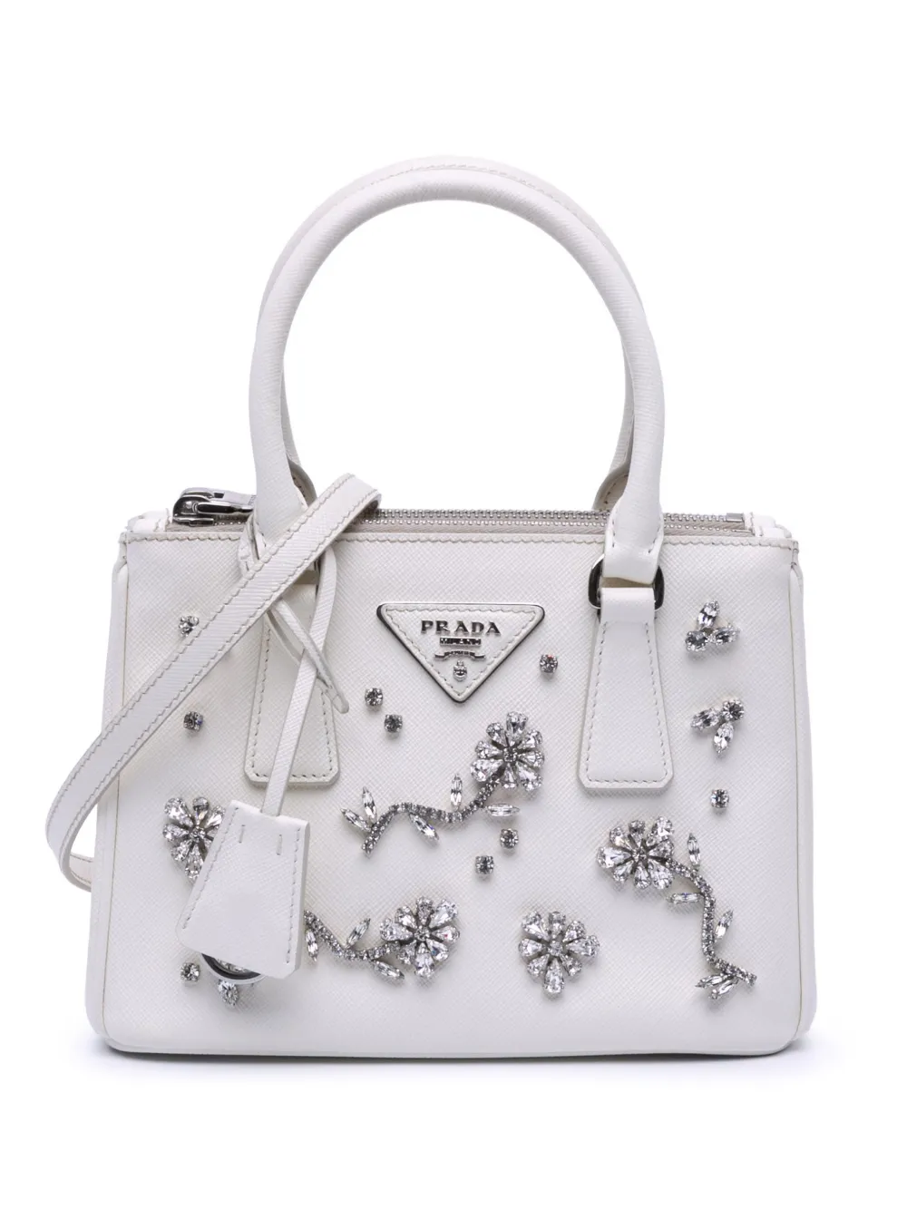 Pre-owned Prada 2000-2025 Mini Saffiano Lux Crystal Embellished Galleria Double Zip Satchel In White