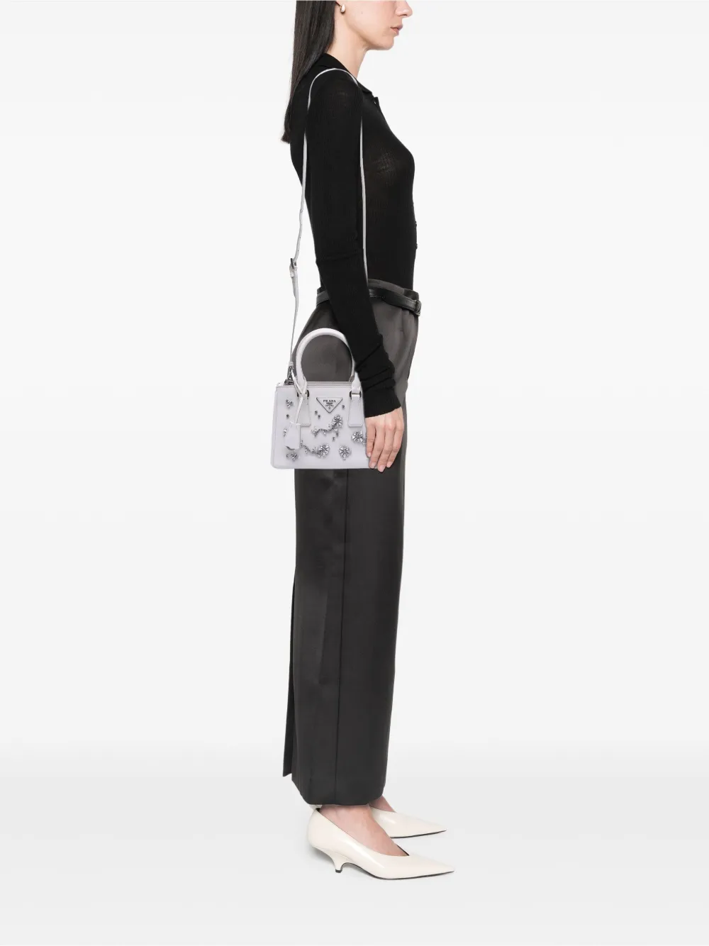 Pre-owned Prada 2000-2025 Mini Saffiano Lux Crystal Embellished Galleria Double Zip Satchel In White