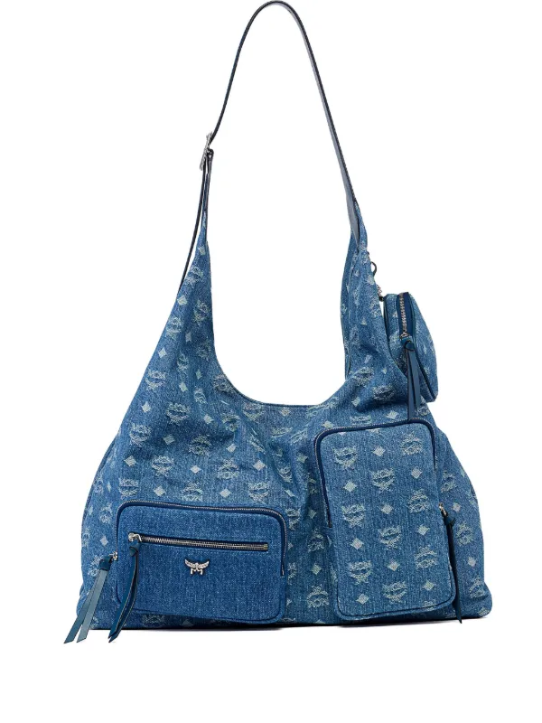 MCM Aren Monogram Denim Shoulder Bag | Blue | FARFETCH display picture 1