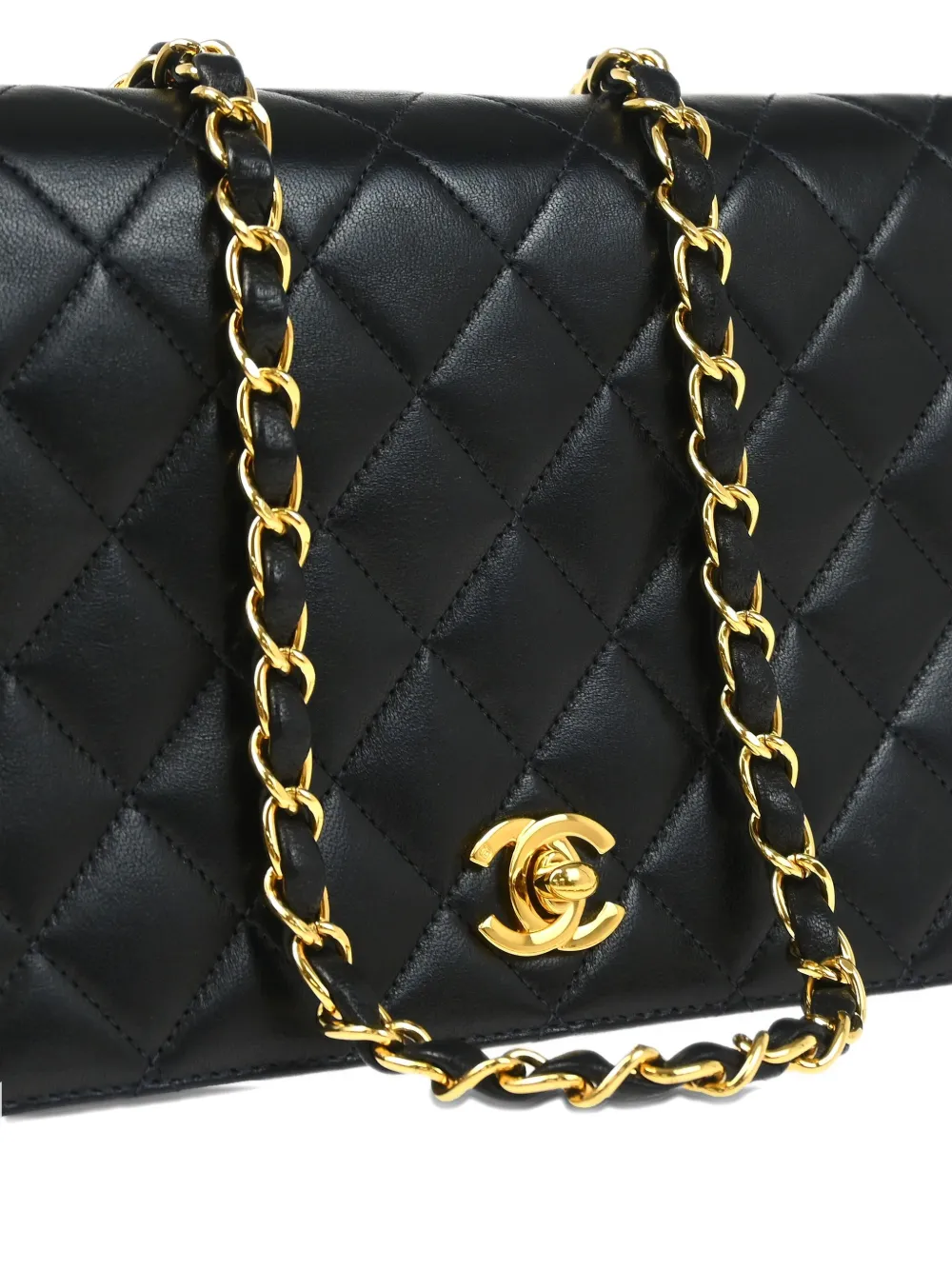 Pre-owned Chanel 2002 Small Full Flap Quilted Lambskin Chain Shoulder Bag In Black
