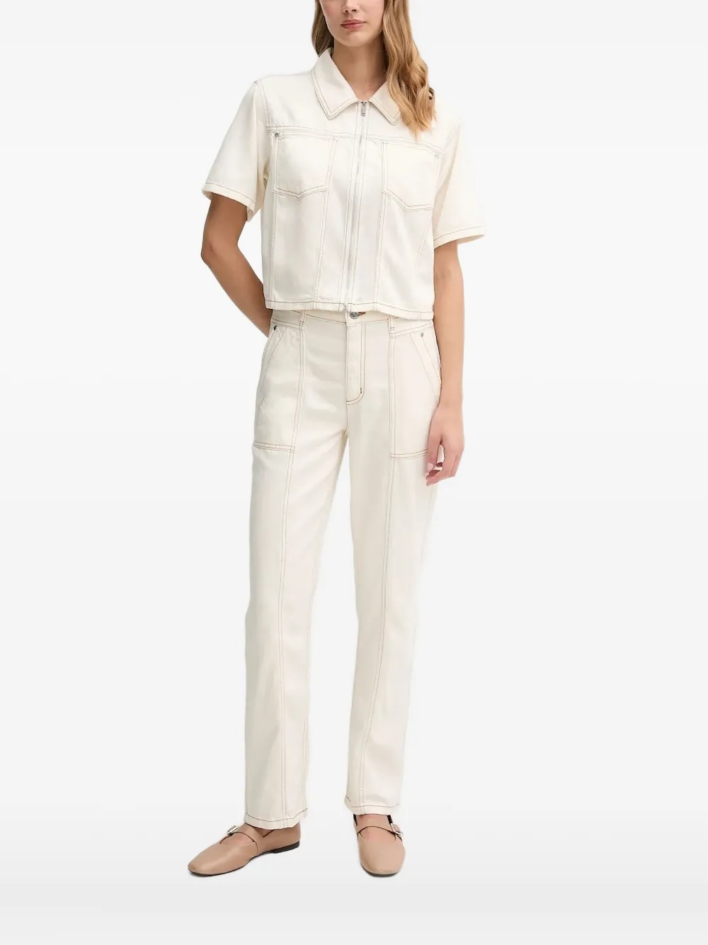 Dkny Ecru Crop Denim Jacket In Neutral