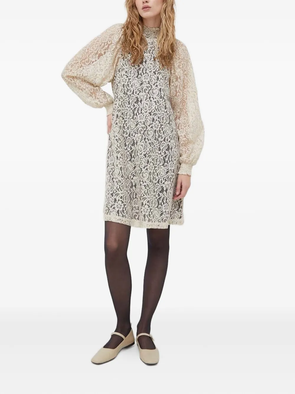 Bruuns Bazaar Midi-jurk met bloemenkant en hoge hals Beige