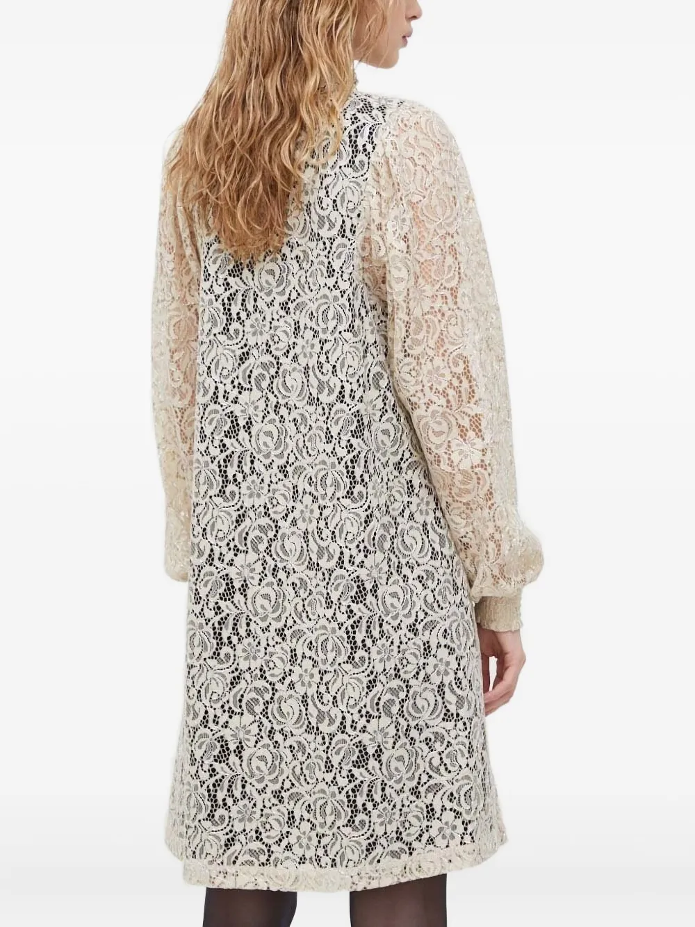 Bruuns Bazaar Midi-jurk met bloemenkant en hoge hals - Beige