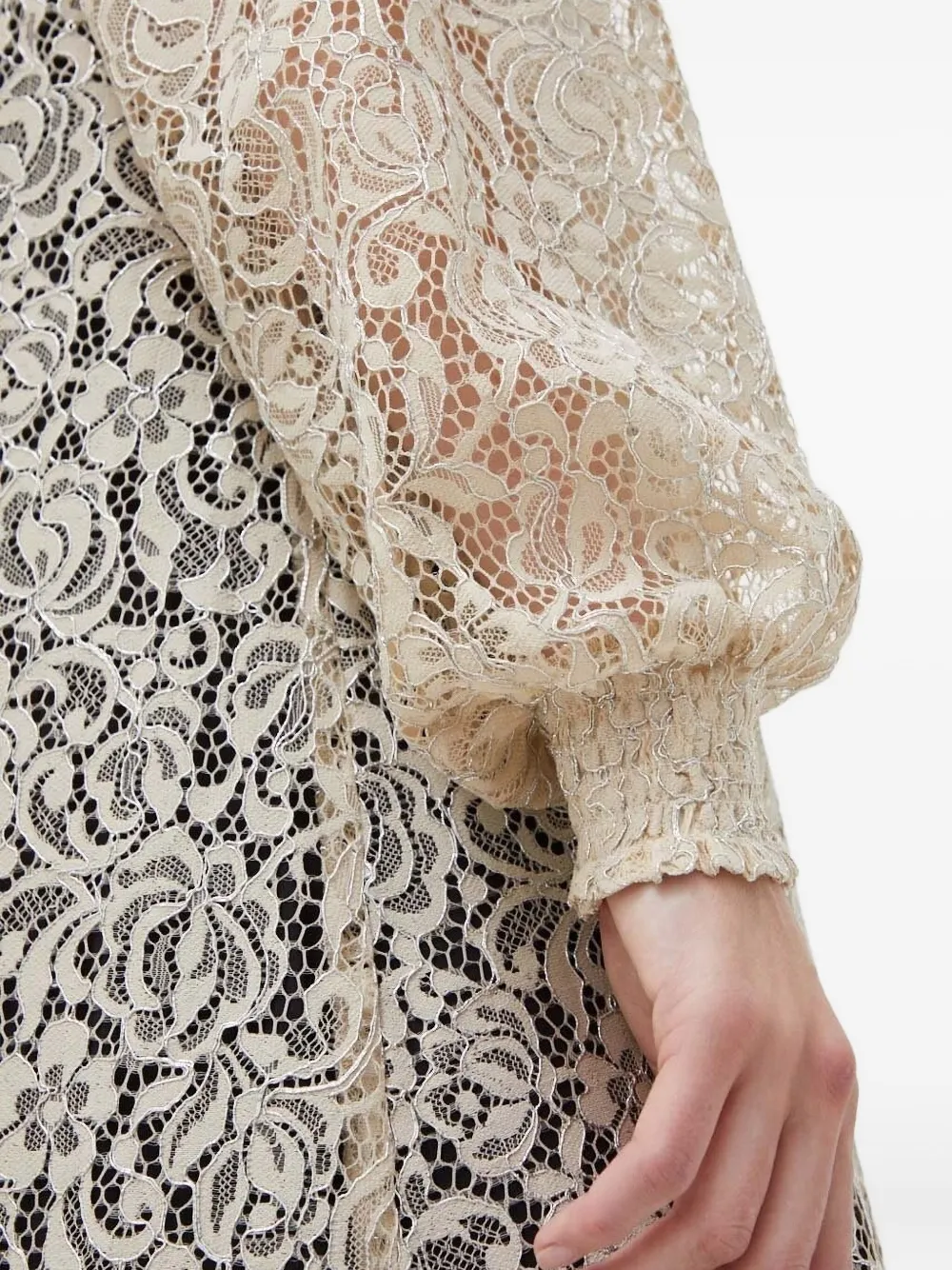 Bruuns Bazaar Midi-jurk met bloemenkant en hoge hals Beige
