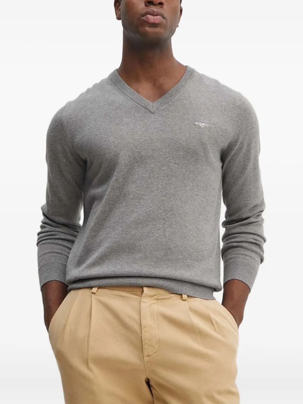 Gant v-neck logo-embroidered sweater Grijs