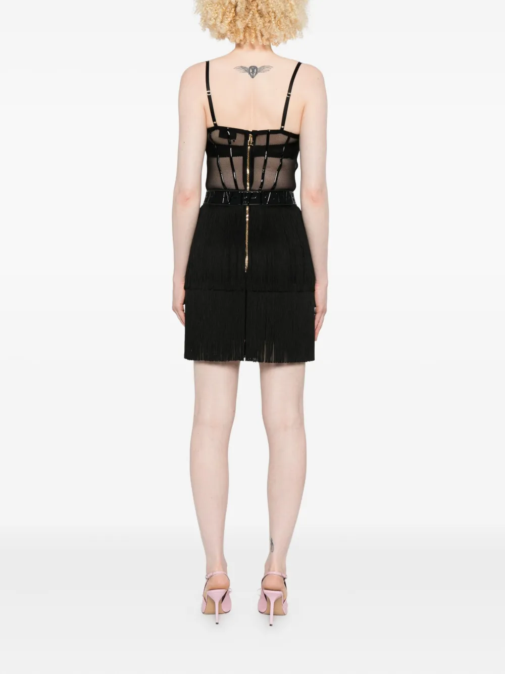 Elisabetta Franchi Jurk met mesh vlak en franje Zwart