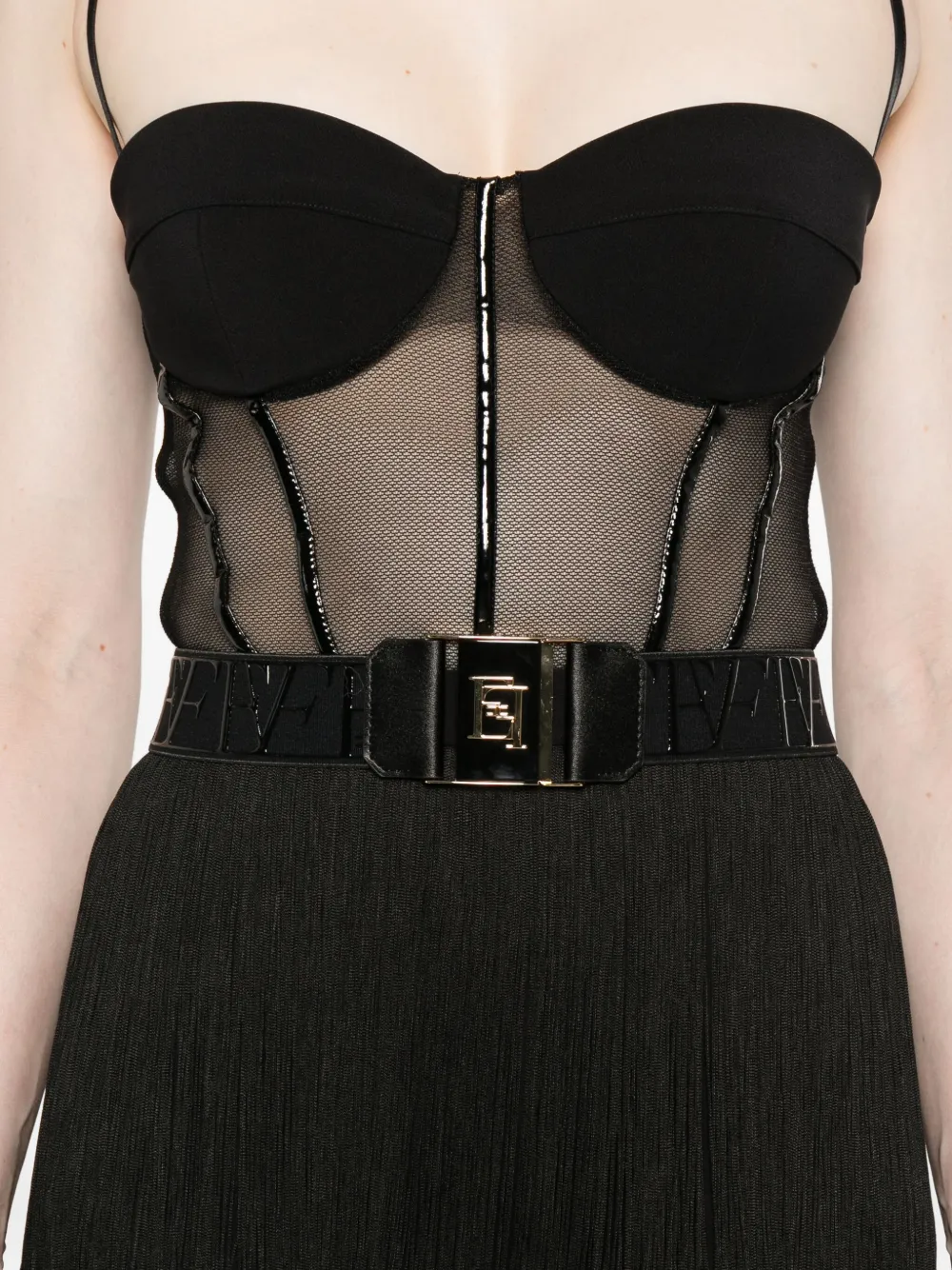 Elisabetta Franchi Jurk met mesh vlak en franje Zwart