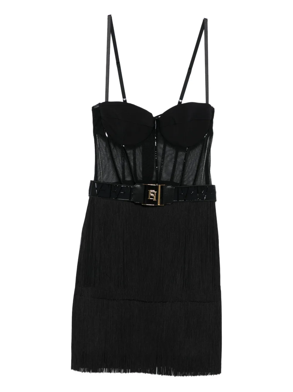 Elisabetta Franchi Jurk met mesh vlak en franje Zwart