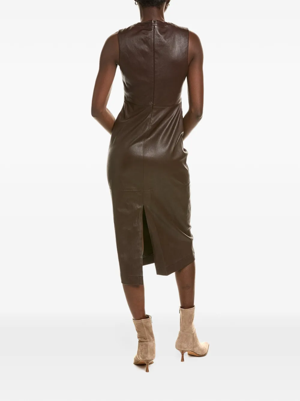 Brunello Cucinelli sleeveless leather midi dress Bruin