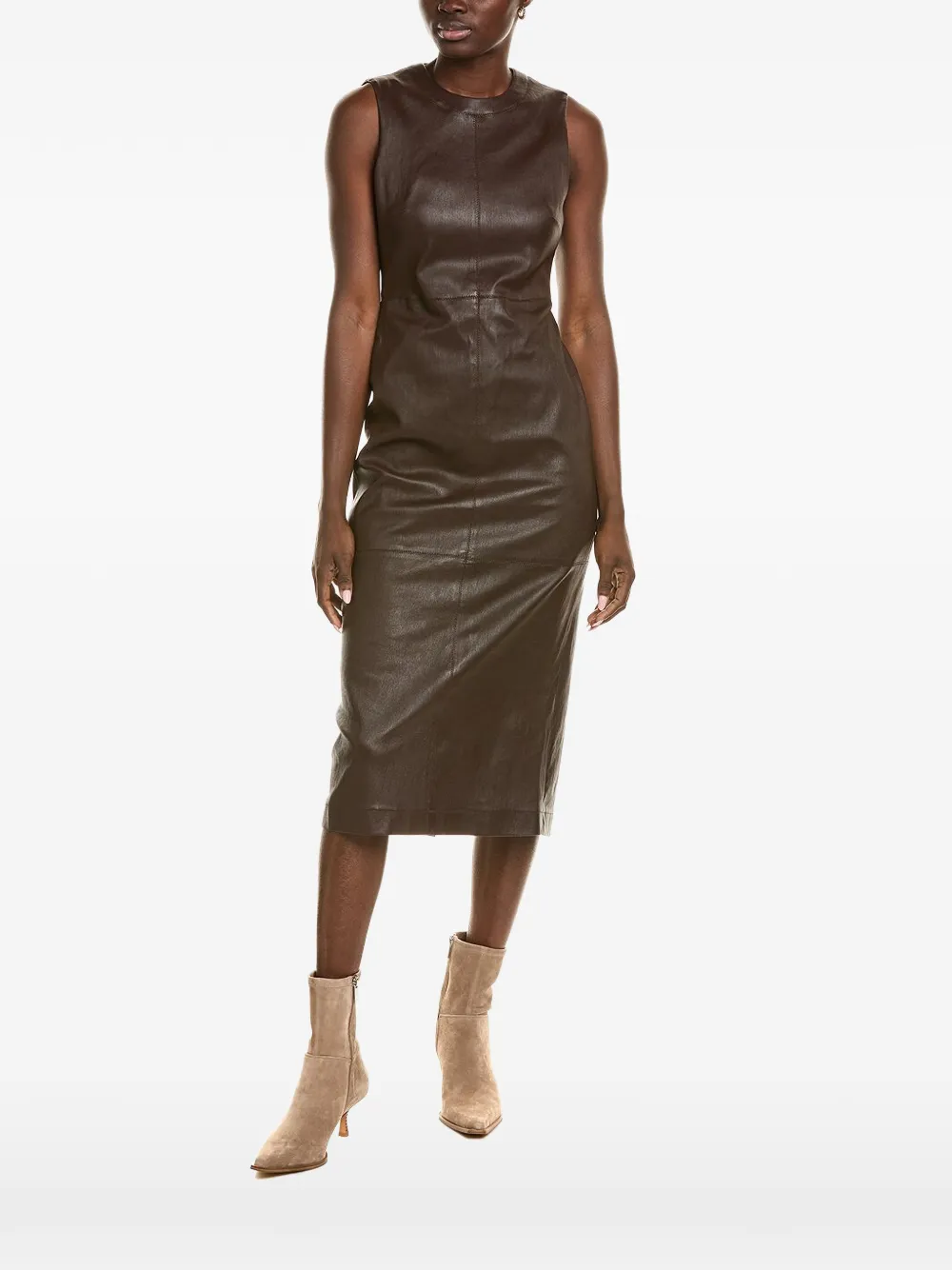 Brunello Cucinelli sleeveless leather midi dress Bruin