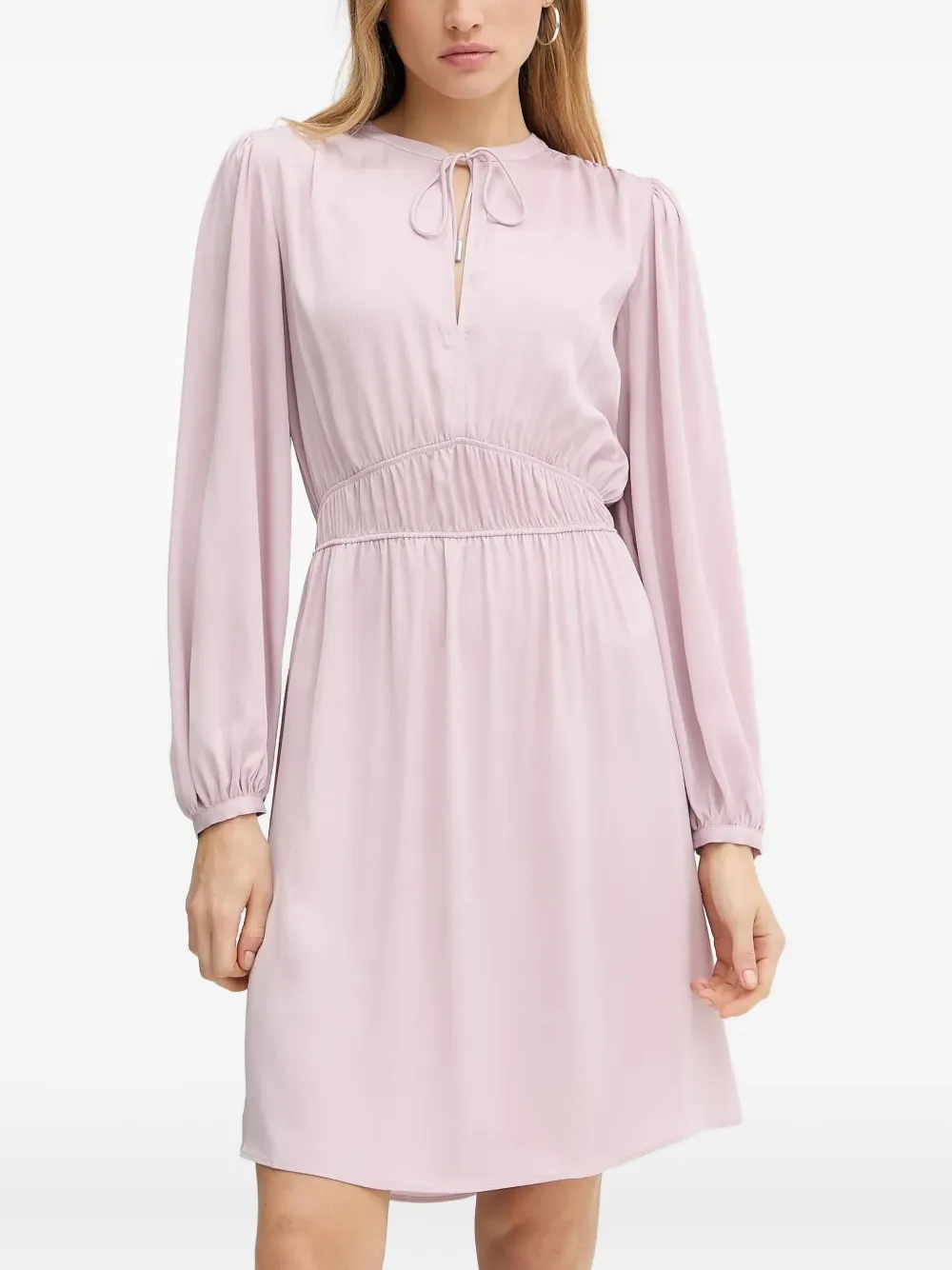 Hugo Boss Tie-neck Smocked Midi Dress In Pink