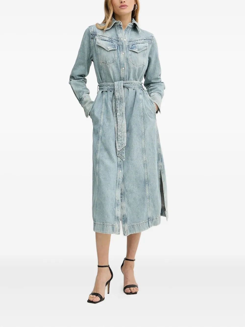 Hugo Boss Belted Denim Shirt Midi Day Dress In Blue