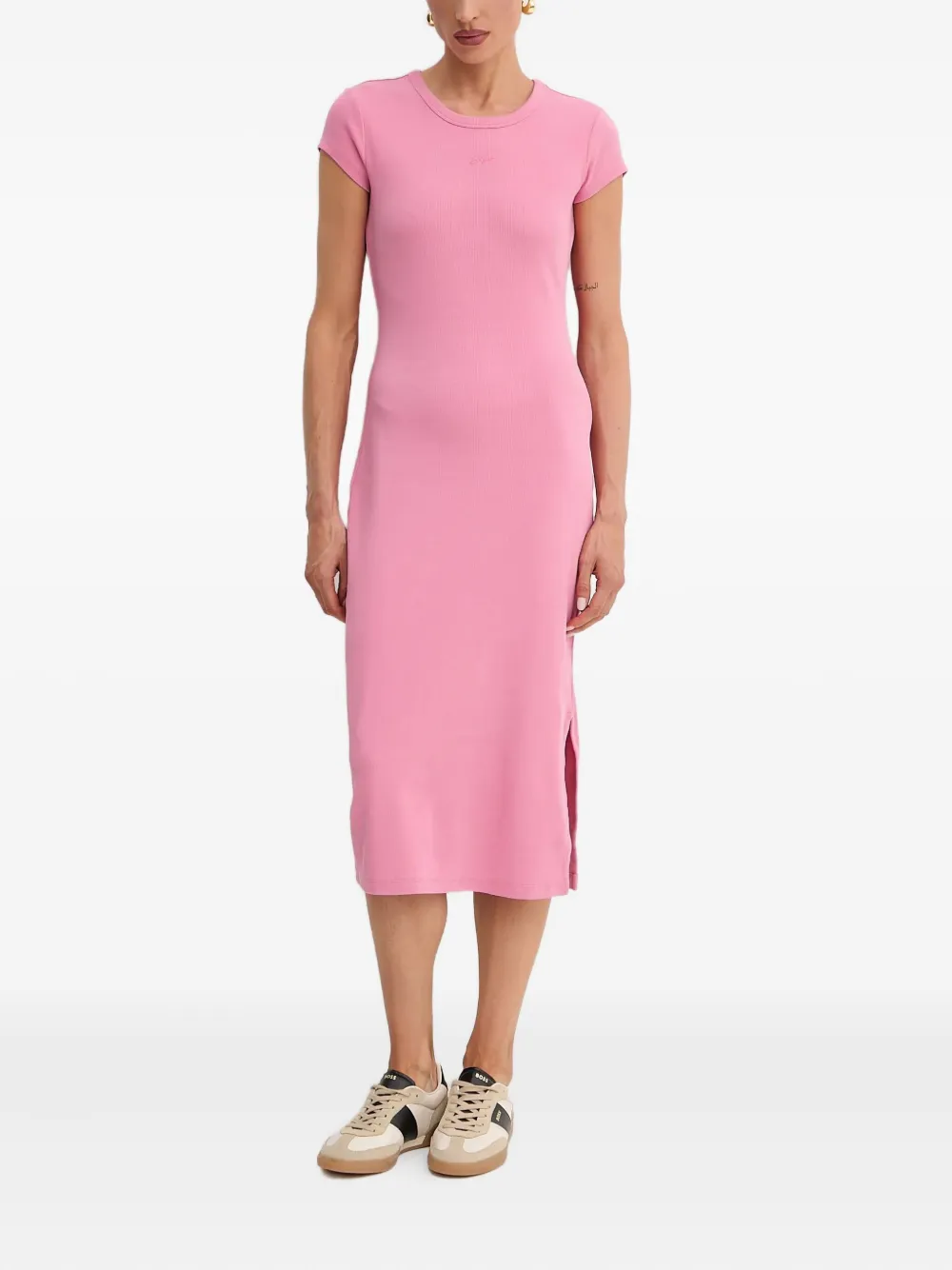 Hugo Boss Ribbed Midi Dress In Pink