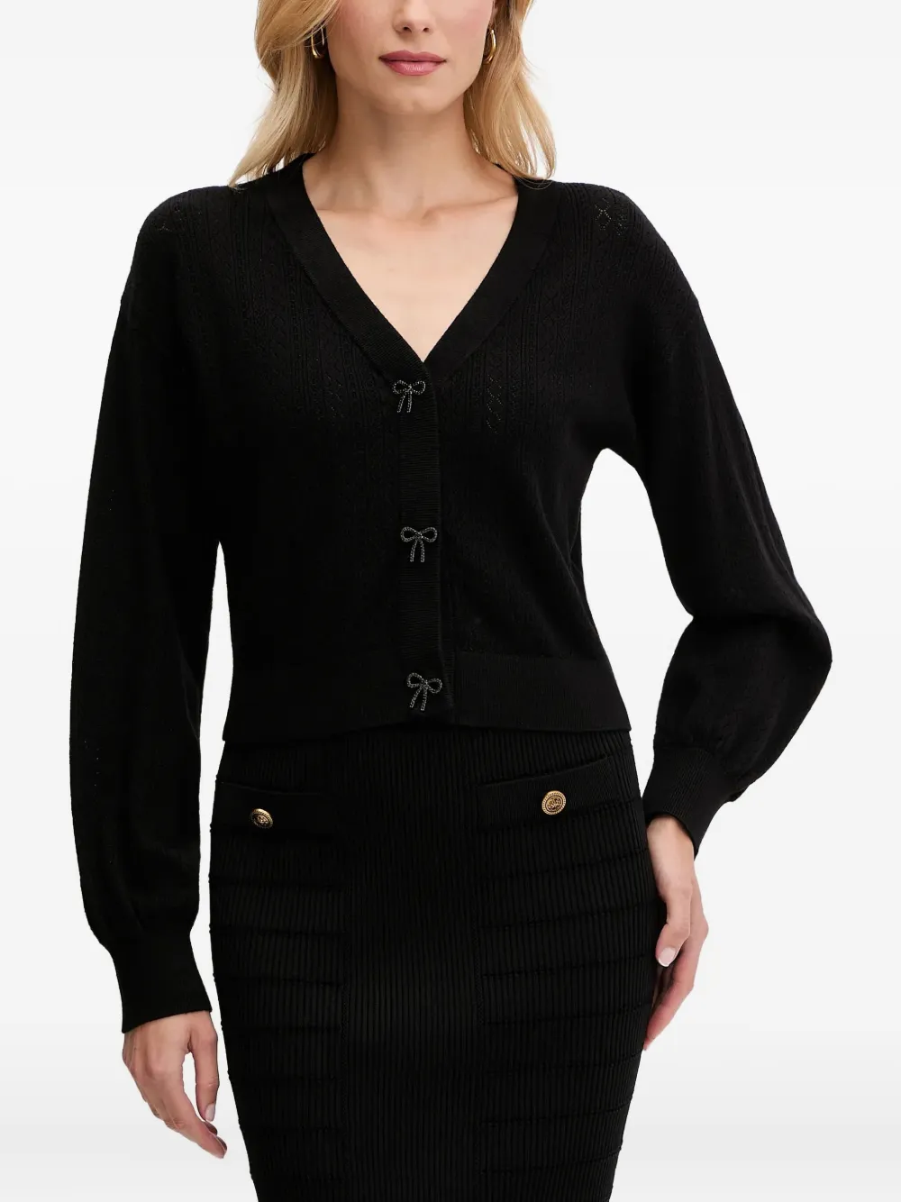 bow-embellished V-neck cardigan