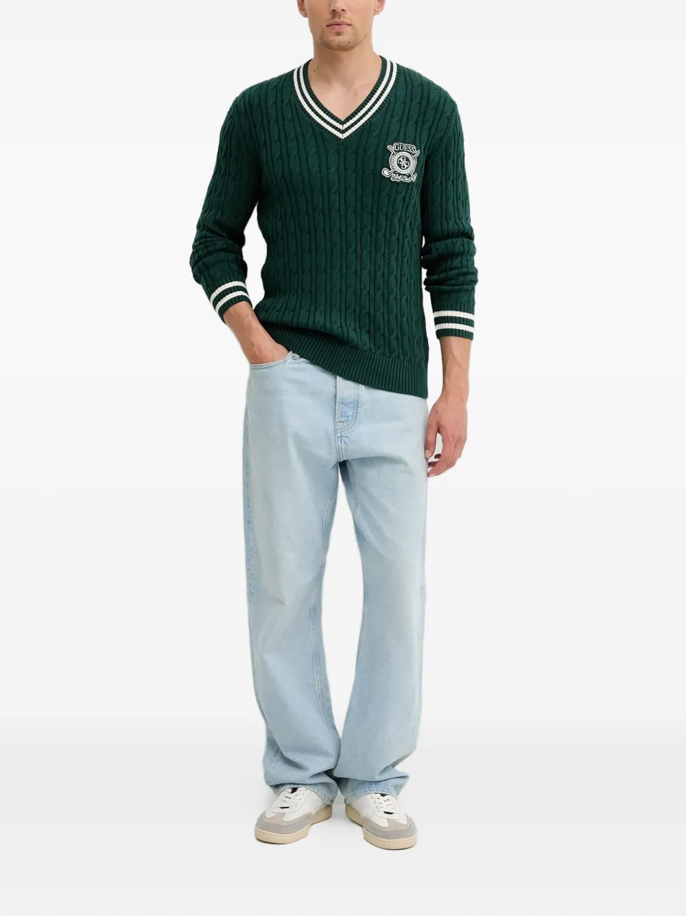 GUESS USA cable-knit V-neck sweater - Groen