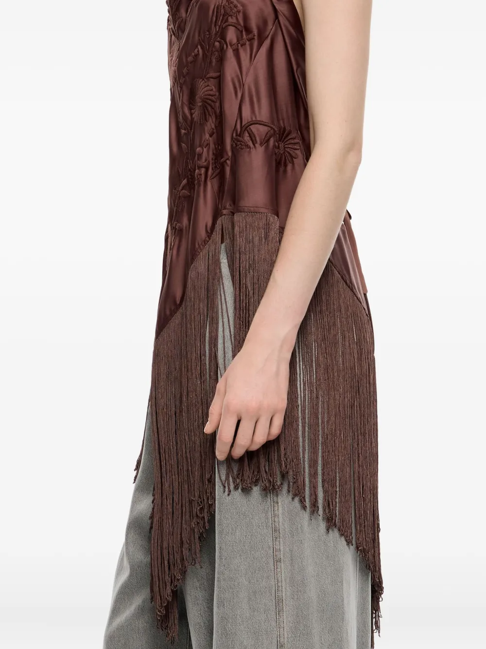 Bimba Y Lola Floral-embroidered Fringed Top In Burgundy