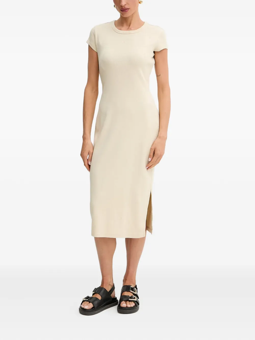 Hugo Boss Ribbed Round-neck Dress In Neutral