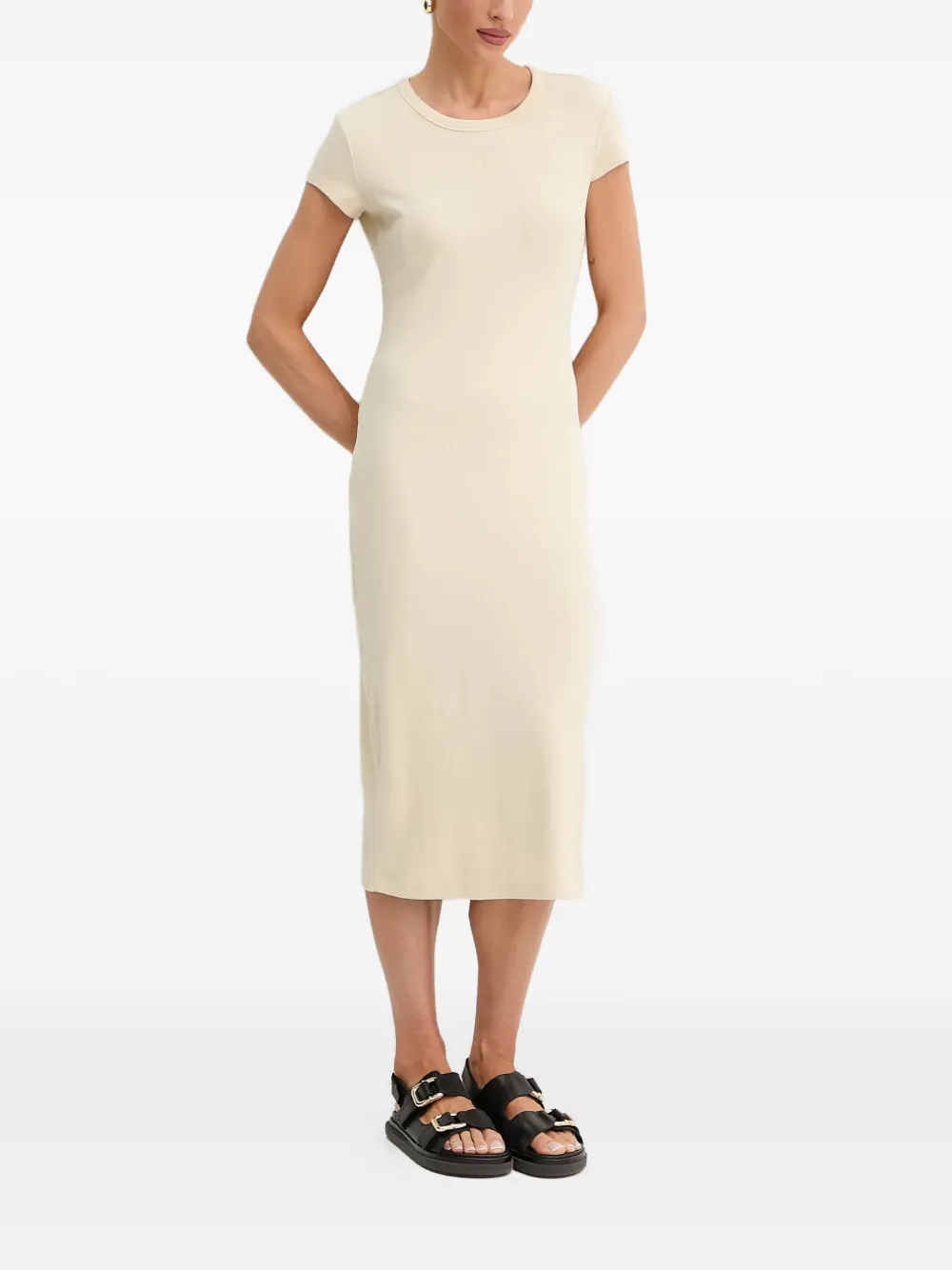 BOSS Geribbelde jurk met ronde hals - Beige