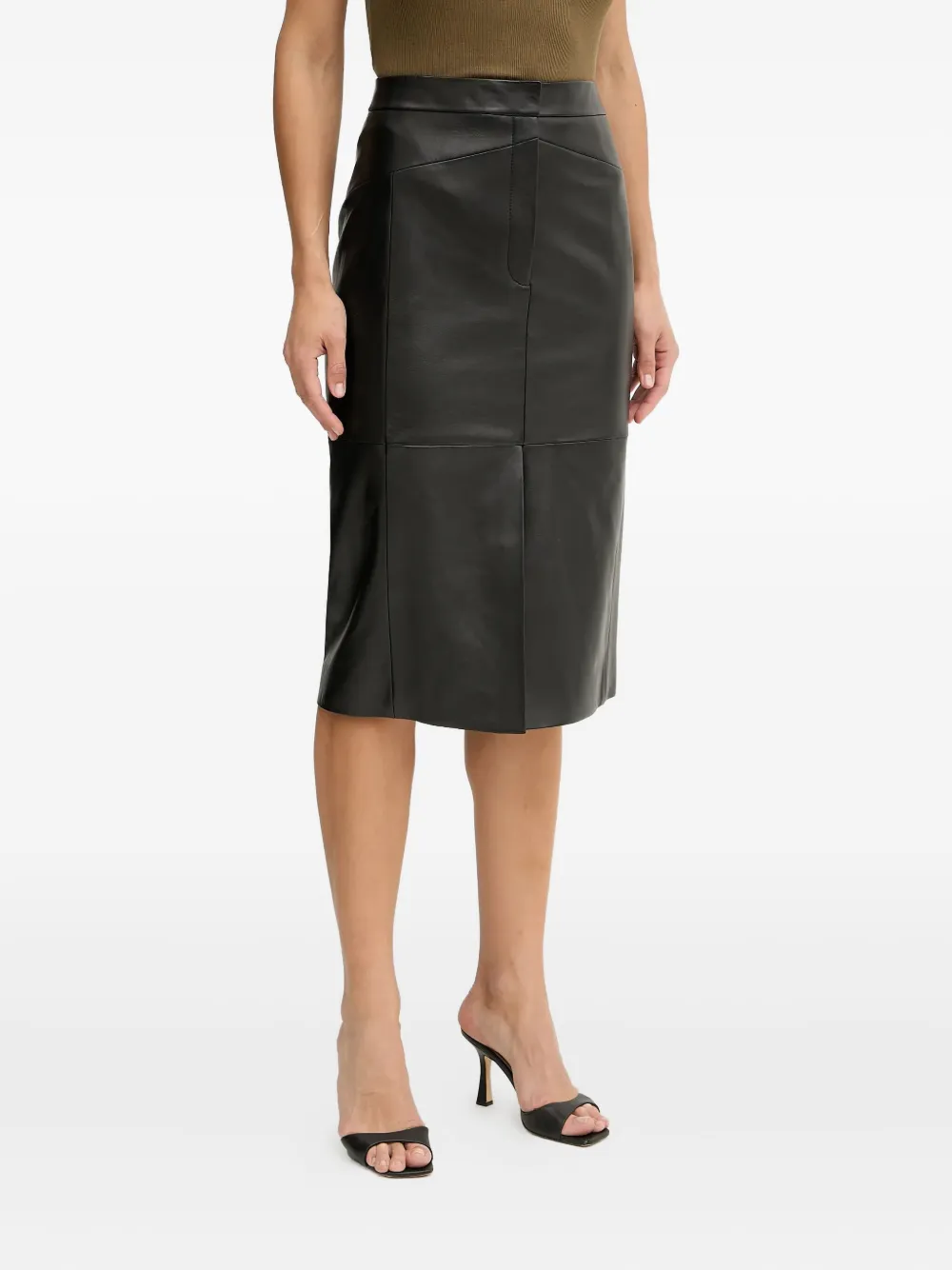 Hugo Boss Leather Panelled Midi Straight Skirt In Black