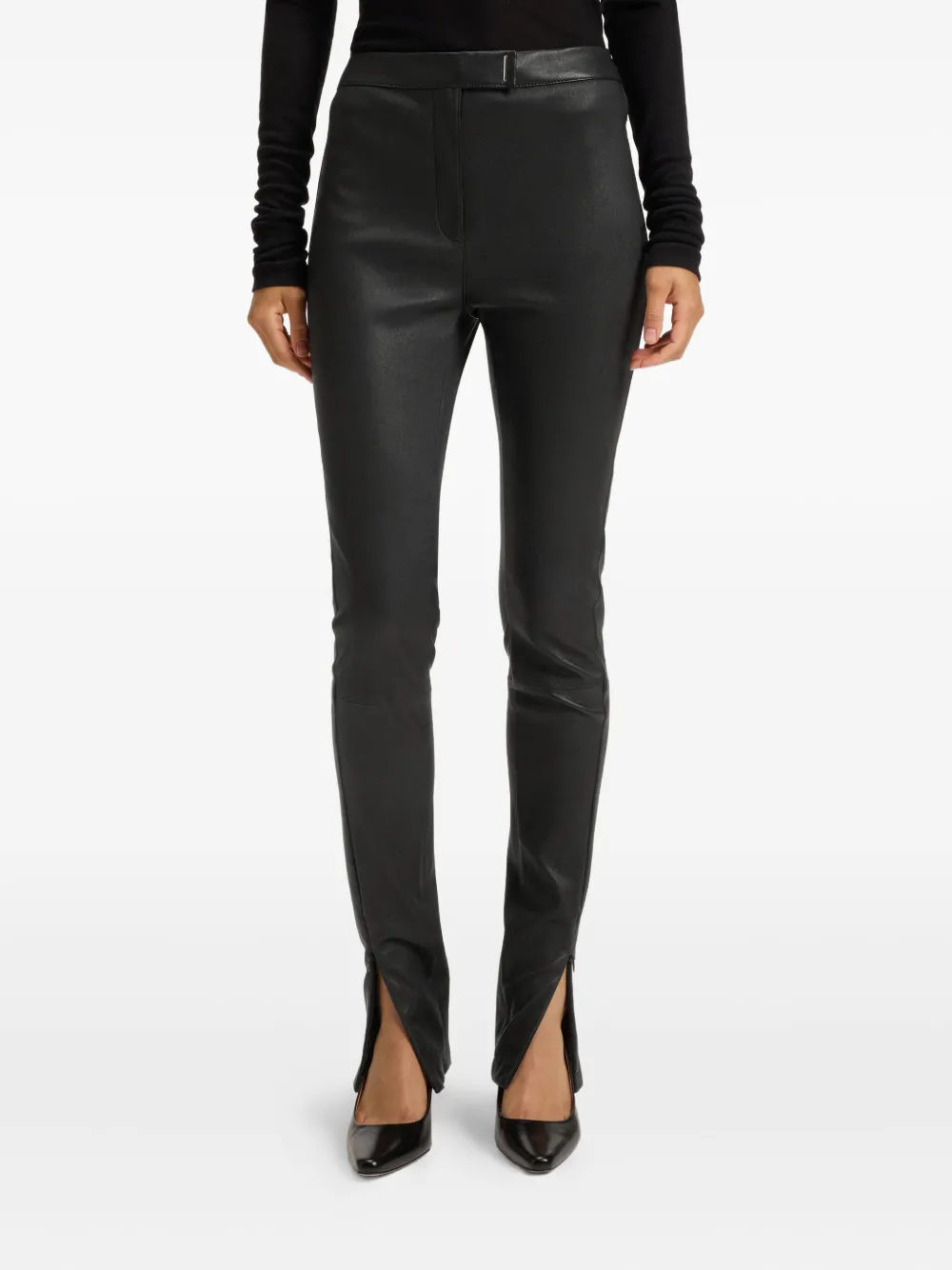 BOSS Leren broek met split Zwart