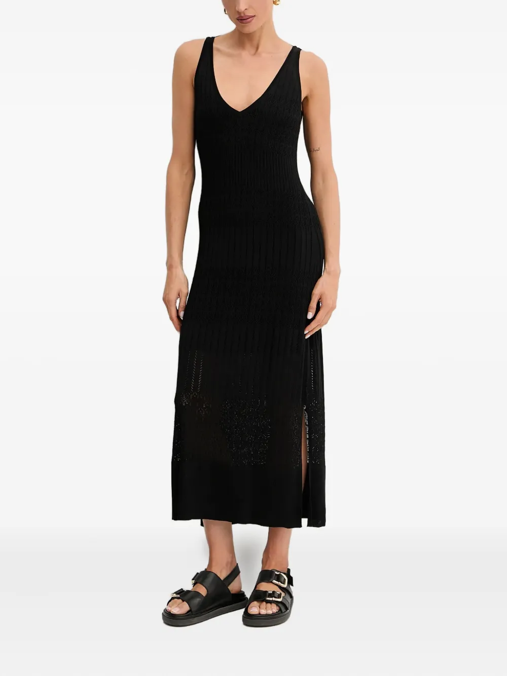Hugo Boss Ribbed V-neck Midi Dress In Black