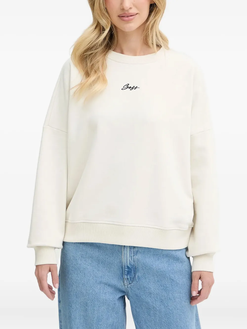 Hugo Boss Embroidered Crew Neck Sweatshirt In Neutral