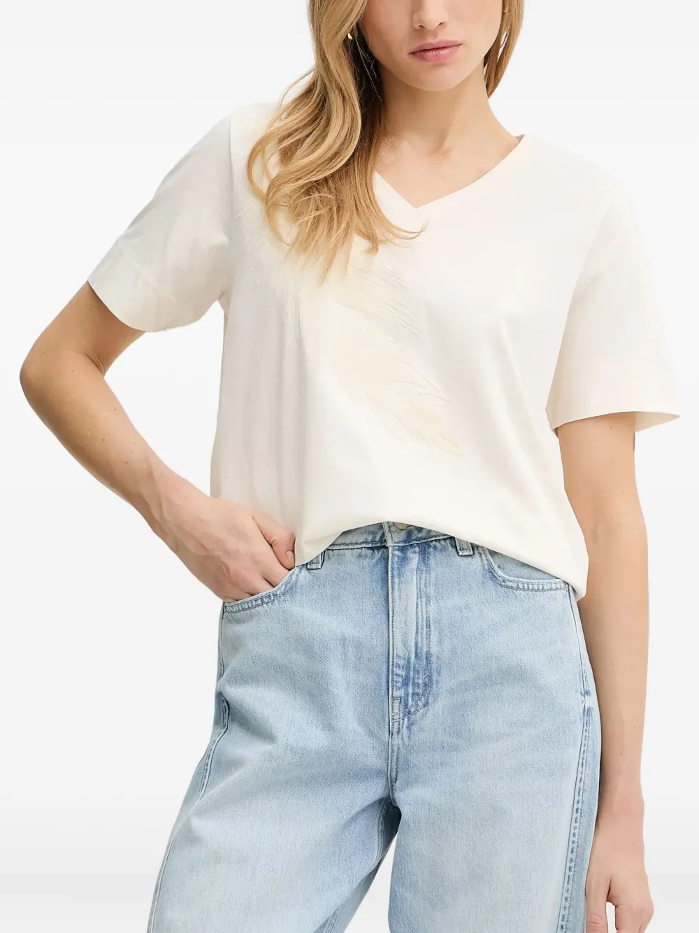 Hugo Boss Feather-embellished V-neck T-shirt In White