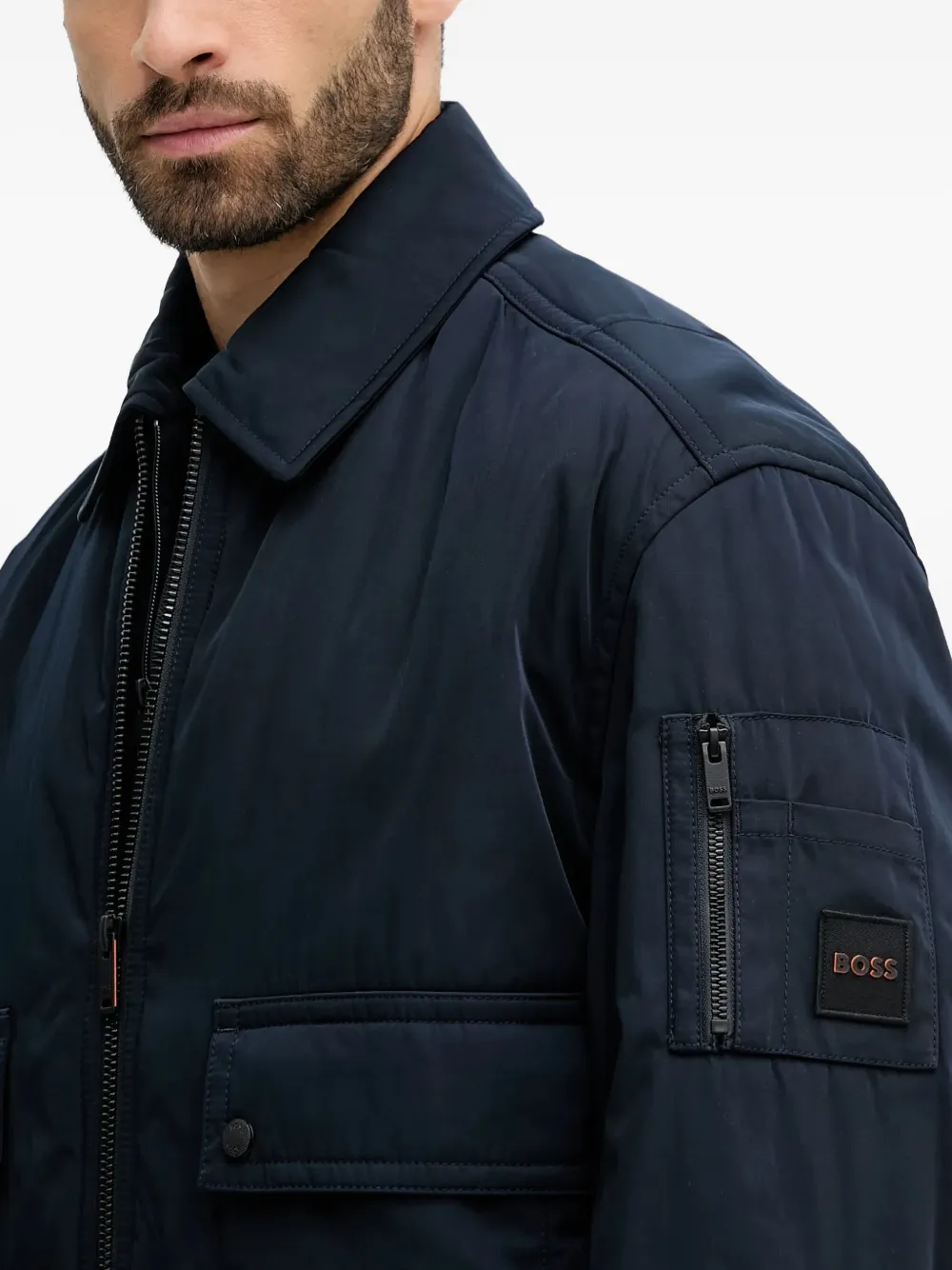 Hugo Boss Collared Jacket With Ribbed Cuffs And Hem In Blue