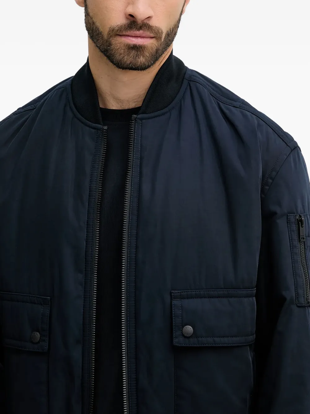 Hugo Boss Collared Jacket With Ribbed Cuffs And Hem In Blue